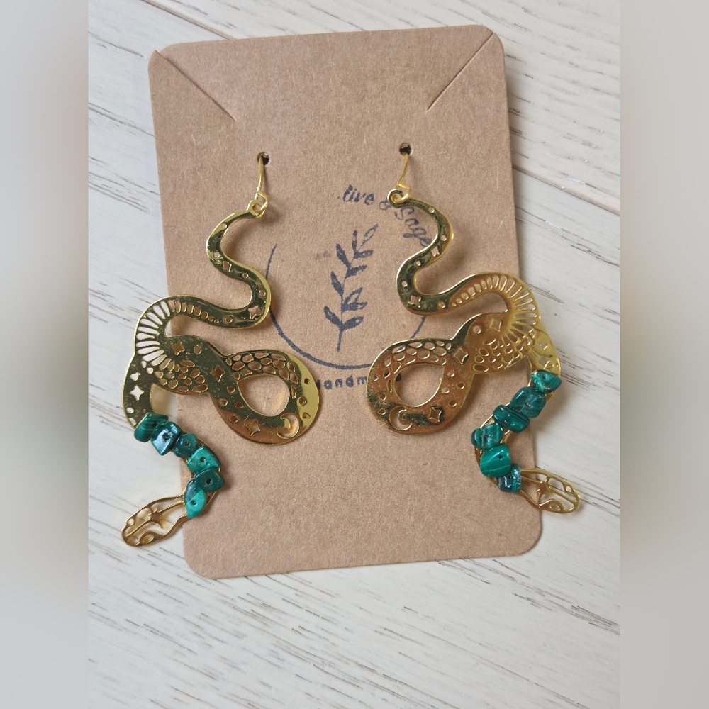 Gold and Green Snake Earrings